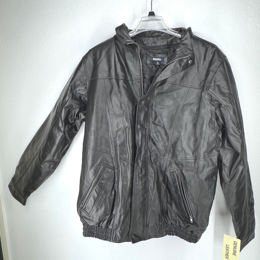 KingSize Mens 2XL Tall Black Leather Bomber Jacket NEW Quilted Lined Zip Classic